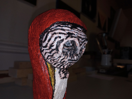 Old Woman Praying (2021) - wood sculpture by Joshua James Lima. View 4